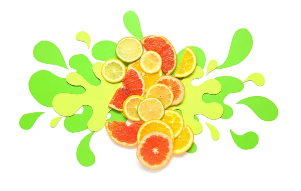 Composition with fresh cut citrus fruits for lemonade on white background