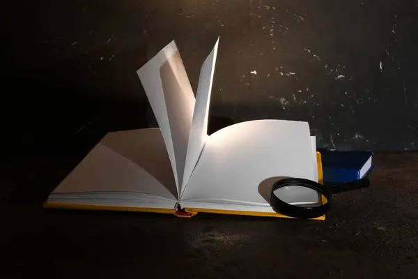 Open book with glowing light and magnifier on dark background