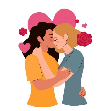 Beyaz arka planda öpüşen lezbiyen çift