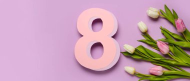 Laleler ve şekil 8 eflatun arkaplan ve metin için boşluk. Uluslararası Kadınlar Günü Kutlaması Sancağı