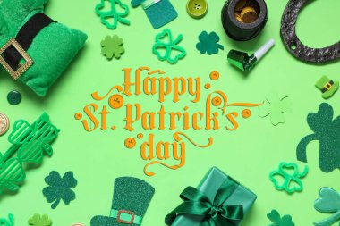 Yeşil arka planda parti süslemeleri olan Aziz Patrick Günü posterleri.