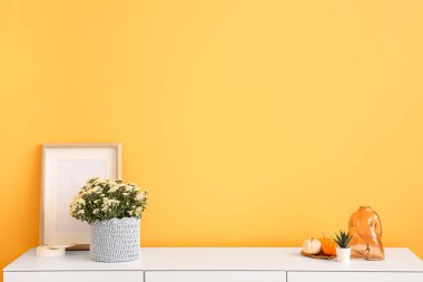 Oturma odasındaki dolapta güzel kasımpatı çiçekleri ve dekor olan tencere.