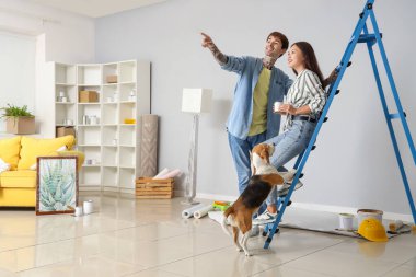 Boya kutusu olan genç bir çift ve yeni evlerinde tamirat sırasında Beagle köpeği bir şeyi işaret ediyor.