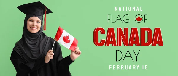 Festive banner for National Flag of Canada Day with Muslim graduate student