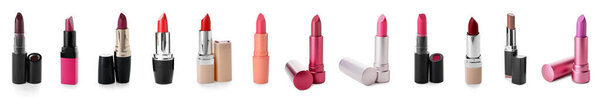 Set of many bright lipsticks isolated on white