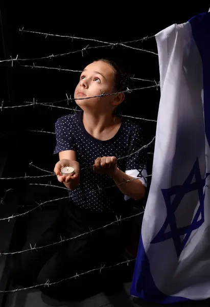 Little Jewish Girl Burning Candle Flag Israel Barbed Wire Black — Stock Photo, Image