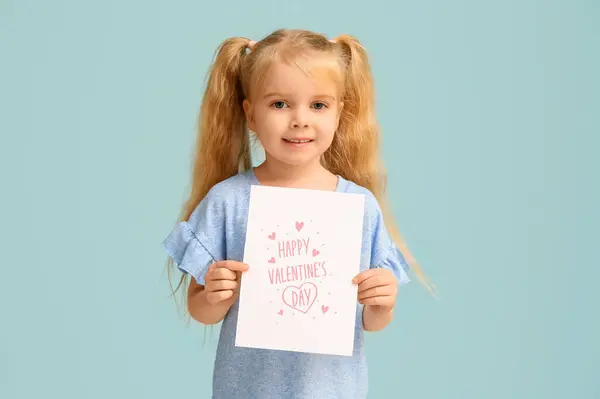 Aranyos Kislány Gazdaság Üdvözlő Kártya Szöveges Happy Valentine Napja Kék — Stock Fotó