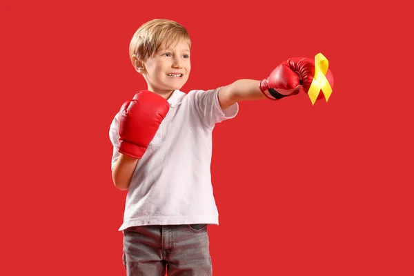 Cute Little Boy Boxing Gloves Yellow Ribbon Red Background Childhood — Stock Photo, Image