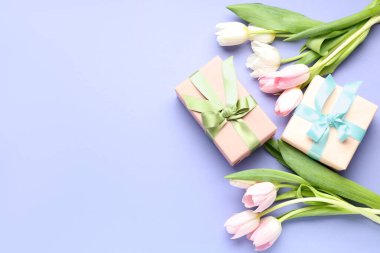 Güzel laleler ve mor arka planda hediye kutuları. Uluslararası Kadınlar Günü
