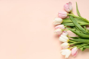 Pembe arka planda bir buket güzel lale. Uluslararası Kadınlar Günü