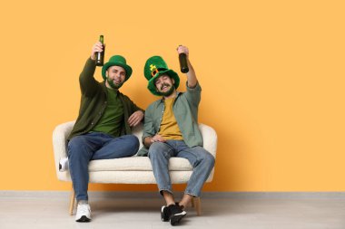 Yeşil sakallı, leprikon şapkalı genç adamlar ellerinde bira şişeleri ve sarı duvarın yanındaki kanepede oturuyorlar. Aziz Patrick Günü kutlaması
