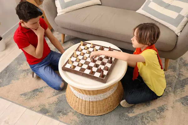 Happy brothers playing chess at home