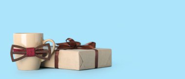 Babalar günün kutlu olsun kartı. Papyon, kupa ve hediyeyle.