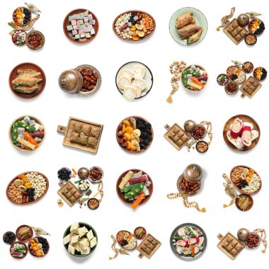 Beyaz üzerine izole edilmiş geleneksel Doğu tatlısı seti. Ramazan kutlaması