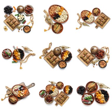 Beyaz üzerine izole edilmiş geleneksel Doğu tatlısı seti. Ramazan kutlaması