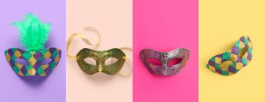 Renkli arka planda farklı karnaval maskeleri. Mardi Gras (Şişman Salı) kutlamaları
