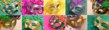 Renkli arka planda farklı karnaval maskeleri olan kolaj. Mardi Gras (Şişman Salı) kutlamaları
