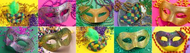 Renkli arka planda farklı karnaval maskeleri olan kolaj. Mardi Gras (Şişman Salı) kutlamaları