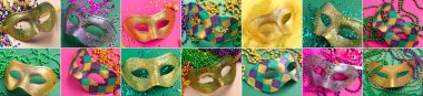 Renkli arka planda farklı karnaval maskeleri olan kolaj. Mardi Gras (Şişman Salı) kutlamaları