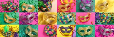 Renkli arka planda farklı karnaval maskeleri olan kolaj. Mardi Gras (Şişman Salı) kutlamaları