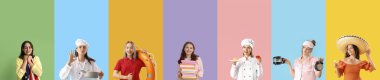 Renkli arka planda farklı genç kadınların kolajı