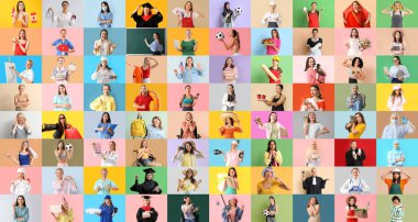 Renkli arka planda farklı kadınların büyük kolajı