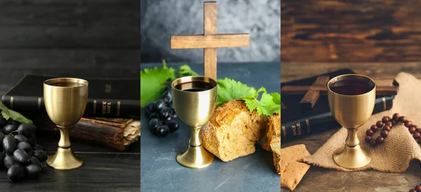 Collage with chalices of wine, cross, Bible and bread
