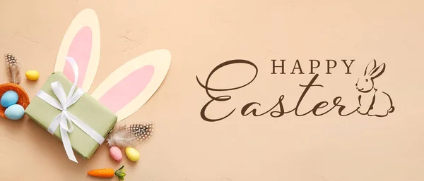 带着礼物 鸡蛋和兔子耳朵的复活节贺卡横幅 — 图库照片