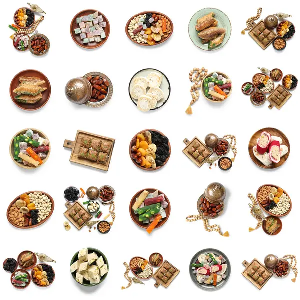 Beyaz üzerine izole edilmiş geleneksel Doğu tatlısı seti. Ramazan kutlaması