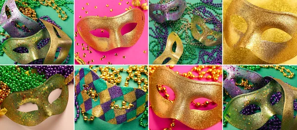 Renkli arka planda farklı karnaval maskeleri olan kolaj. Mardi Gras (Şişman Salı) kutlamaları