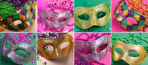Renkli arka planda birçok karnaval maskesi olan bir kolaj. Mardi Gras (Şişman Salı) kutlamaları