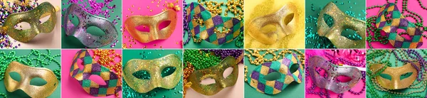 Renkli arka planda farklı karnaval maskeleri olan kolaj. Mardi Gras (Şişman Salı) kutlamaları