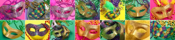 Renkli arka planda birçok farklı karnaval maskesi olan bir kolaj. Mardi Gras (Şişman Salı) kutlamaları