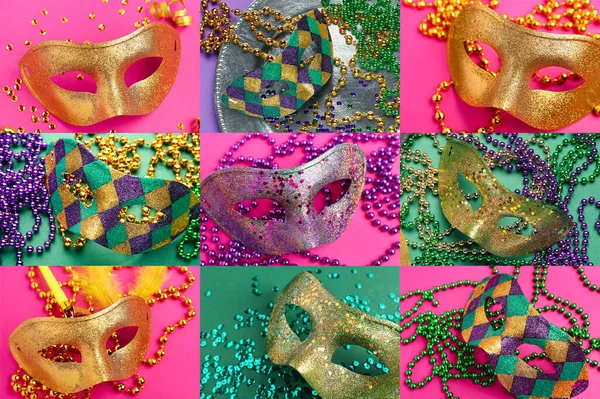 Renkli arka planda farklı karnaval maskeleri olan kolaj. Mardi Gras (Şişman Salı) kutlamaları
