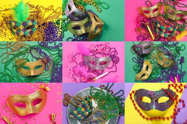 Renkli arka planda farklı karnaval maskeleri olan kolaj. Mardi Gras (Şişman Salı) kutlamaları