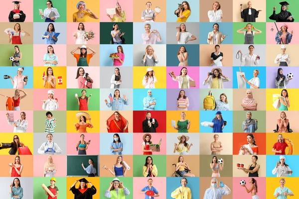 Renkli arka planda farklı kadınların büyük kolajı