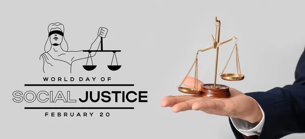 Banner for World Day of Social Justice with lawyer holding scales