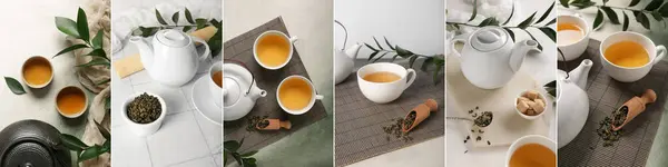 Kollázs Ázsiai Zöld Tea Fény Háttér — Stock Fotó