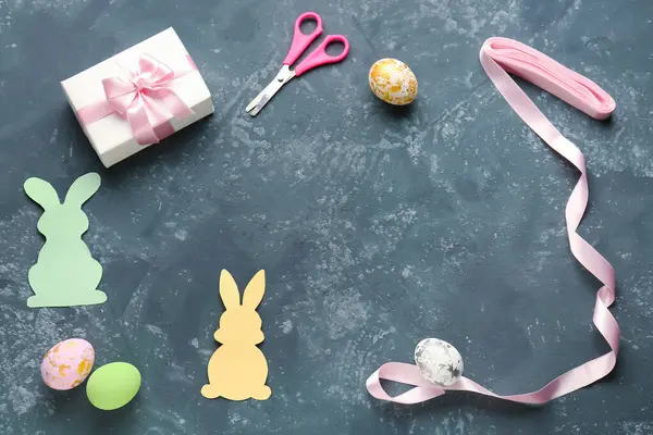 Frame Made Easter Eggs Paper Rabbits Gift Scissors Ribbon Dark — Zdjęcie stockowe