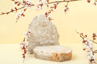 Sarı arka planda çiçek açan dalları olan kayalar. Merhaba bahar.