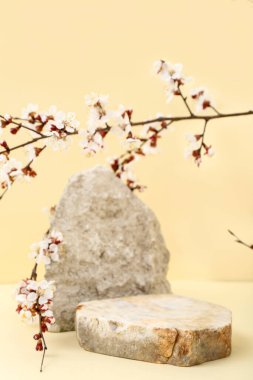 Sarı arka planda çiçek açan dalları olan kayalar. Merhaba bahar.