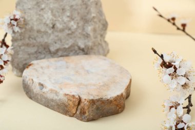 Sarı arka planda çiçek açan dalları olan kayalar, yakın plan. Merhaba bahar.