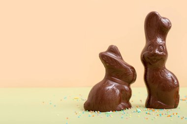 Çikolatalı Paskalya tavşanları ve renkli arka planda serpiştirilmiş çikolata.