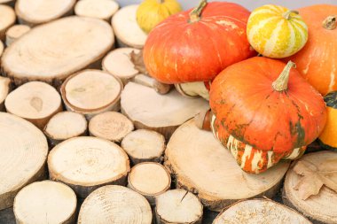 Ahşap masada balkabağı ve meşe palamudu ile sonbahar kompozisyonu