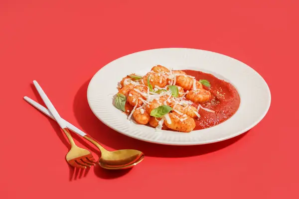 Πιάτο Νόστιμο Gnocchi Σάλτσα Ντομάτας Και Τυρί Κόκκινο Φόντο — Φωτογραφία Αρχείου
