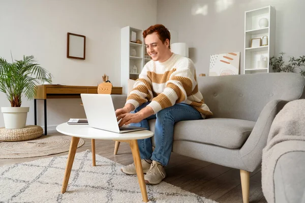 Oturma odasında dizüstü bilgisayar kullanan gri koltuktaki genç adam.