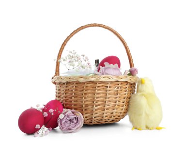 Beyaz arka planda parfümlü hasır sepet, Paskalya yumurtası, çiçek ve yavru tavuk.