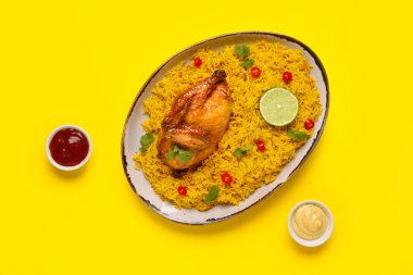 Sarı arka planda geleneksel tavuk biryani tabağı.