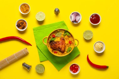 Sarı arka planda malzemeli geleneksel tavuk biryani kasesi.