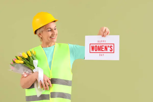 Mature Female Worker Tulips Card Green Background International Women Day — Stock Photo, Image